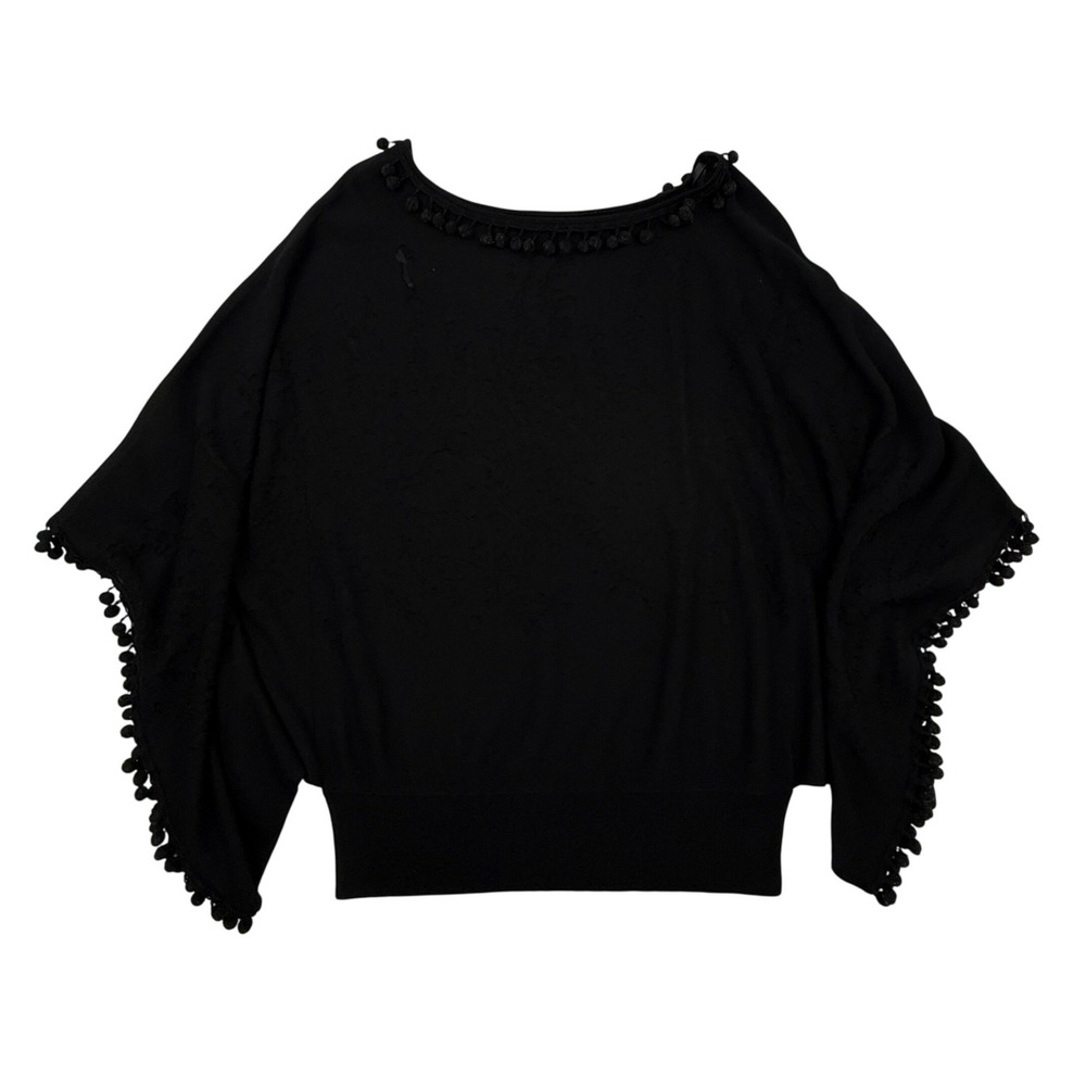 Michael‎ Simon Poncho Top XL Black Jacquard Knit Pom Pom Trim Batwing Sleeve